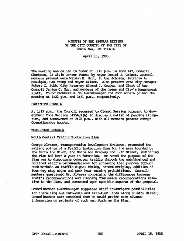 Front page of the City Council minutes of their 4/15/1985 meeting.