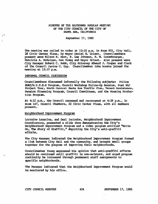 First page of the City Council minutes from the 9/17/1985