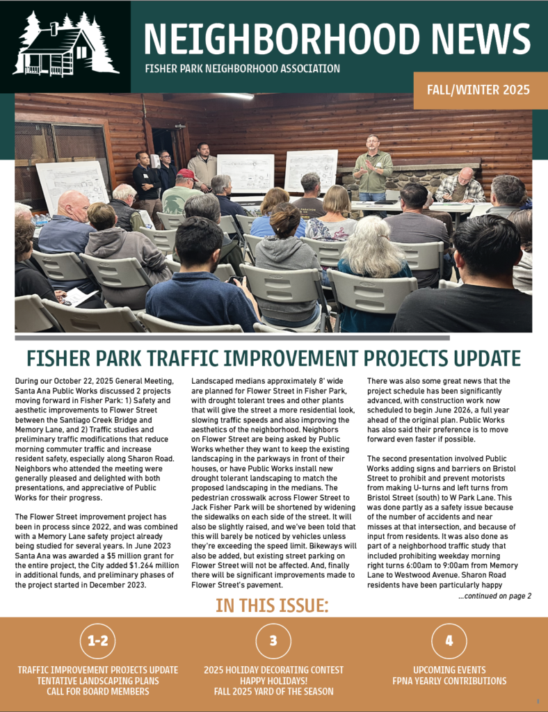 The cover page of Fisher Park Neighborhood News showing a photo of a General Meeting with Randy speaking.
